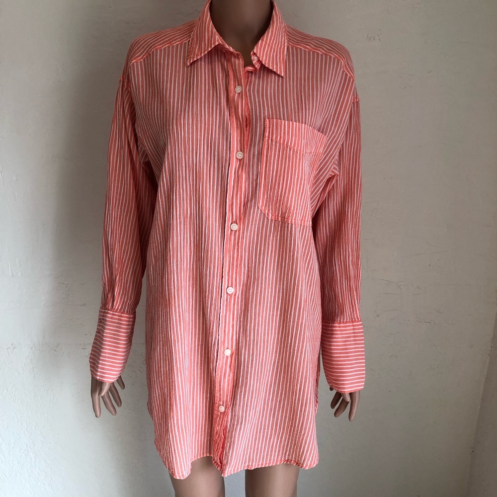 H&M Women’s Size S Orange/White Striped Button-Down Shirt Relaxed-Fit Vacation